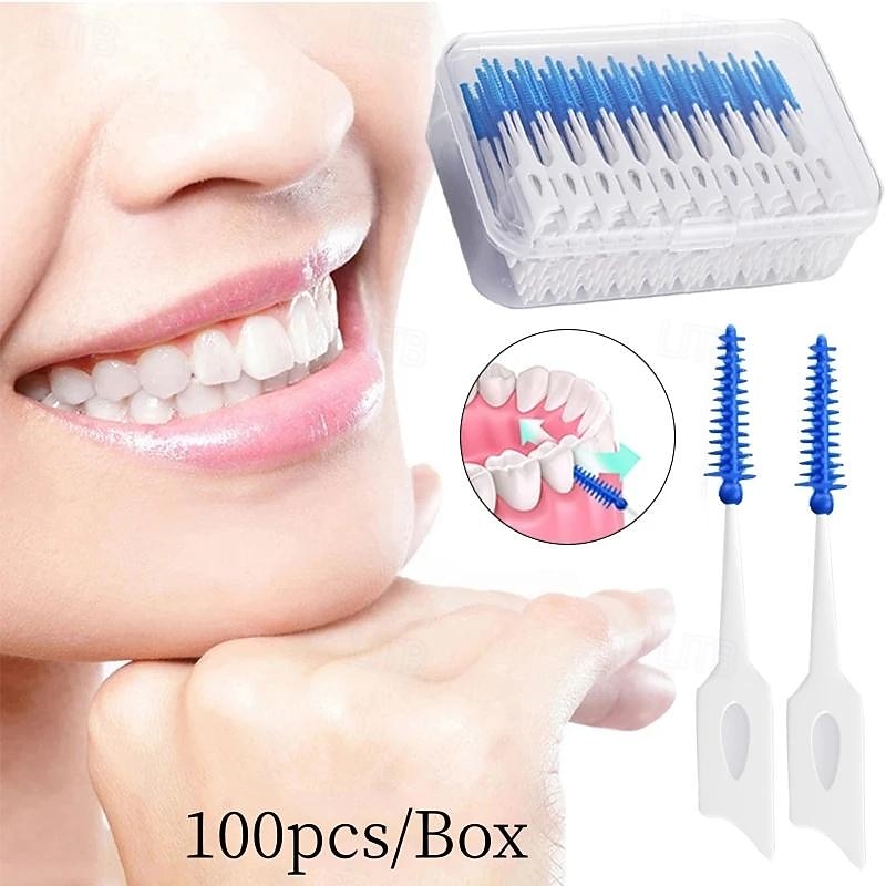 100pcs Interdental Silicone Brushes Dental Toothpicks Brush Between Teeth Silicone Toothpicks With Thread Oral Cleaning Tool