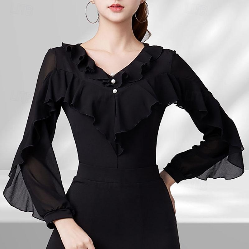 Latin Dance Ballroom Dance Leotard / Onesie Ruffles Pure Color Splicing Women's Performance Training Long Sleeve High Spandex