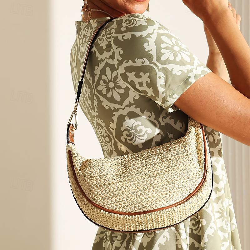 Women's Boho Straw Crossbody Bag with Adjustable Leather Strap - Versatile Summer Accessory