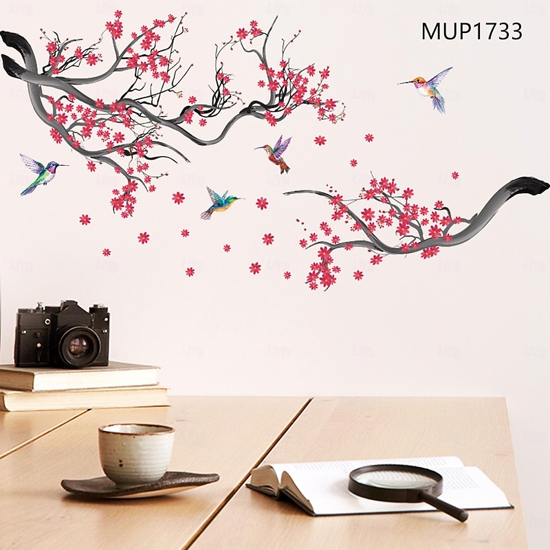 Pink Branch Birds Butterflies Wall Sticker Art Decals Removable Living Room Bedroom Study Home Background Decorative Stickers4