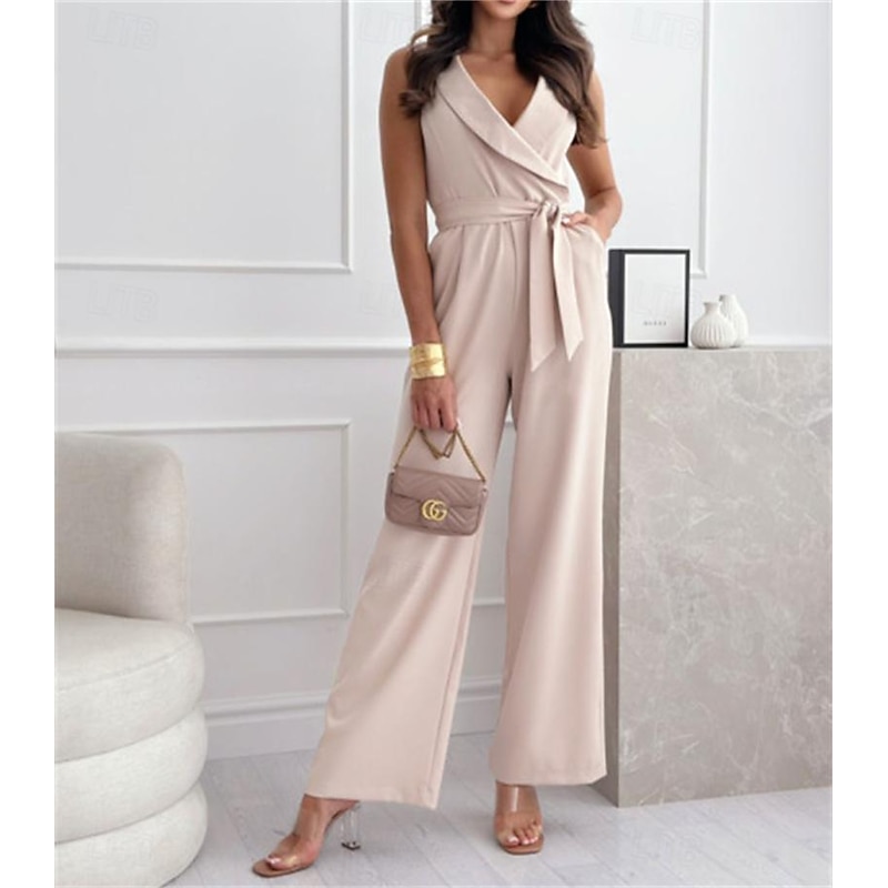 Women's Normal Jumpsuit Elegant Solid Color Sleeveless Straight V Neck Pocket Daily Regular Fit Black White Fuchsia Summer3
