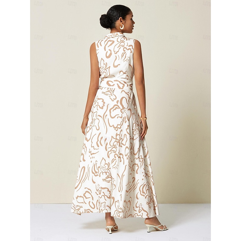 Women's Sleeveless Maxi Shirt Dress Summer A Line Shirt Collar With Belt Curve Pocket Linen Look Fabric Waist Slim Fit Blue Green Beige3