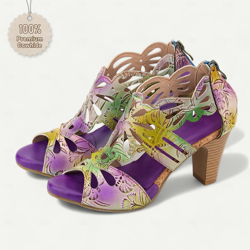 Women's Sandals Floral Cut-out Platform Cone Heel Chunky Heel Peep Toe Elegant Vintage Cowhide Zipper Yellow Blue Light Purple