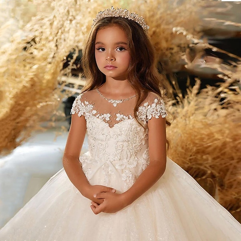 Kids Girls' Flower Girl Dress Party Dress Solid Color Short Sleeve Performance Wedding Party Mesh Princess Sweet Mesh Mid-Calf Sheath Dress Tulle Dress Summer Spring Fall 4-12 Years White3