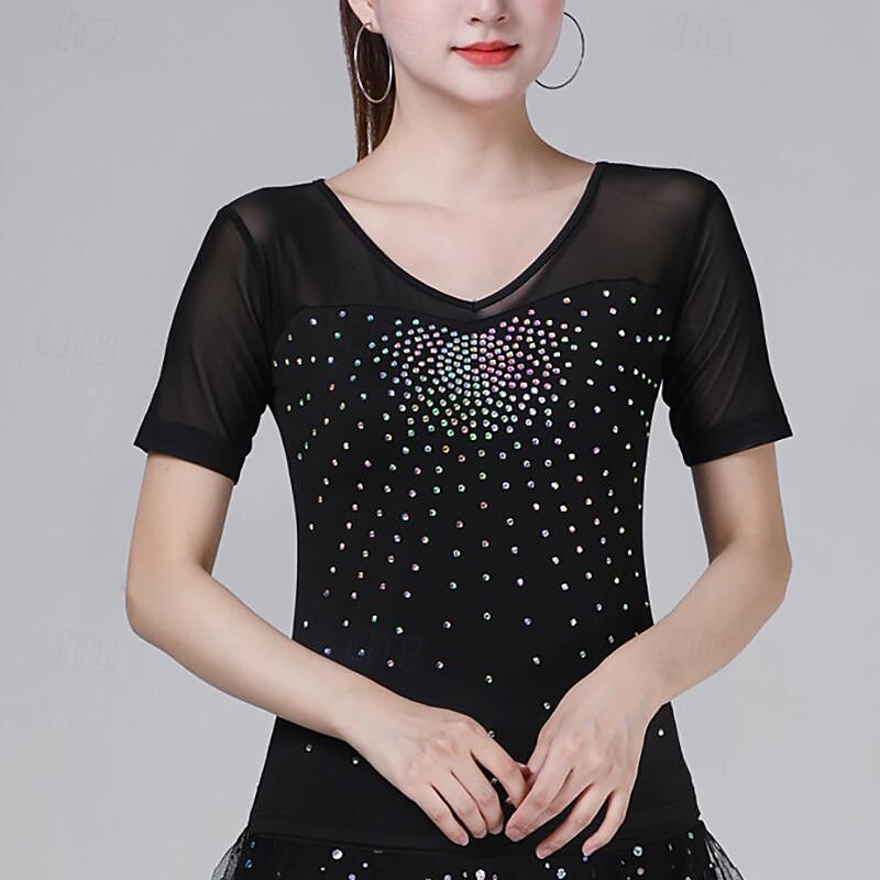 Latin Dance Ballroom Dance Top Pure Color Splicing Crystals / Rhinestones Women's Performance Training Short Sleeve High Terylene4