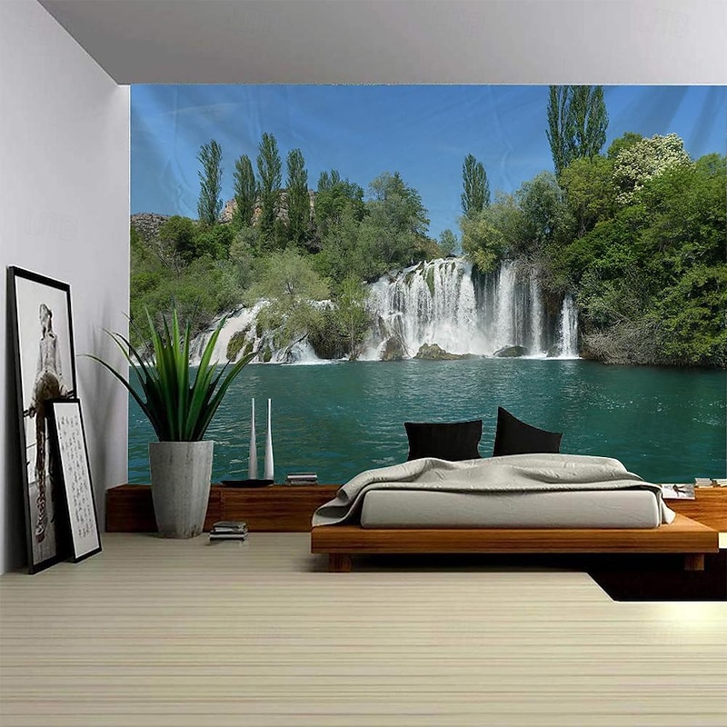 Waterfall River Hanging Tapestry Wall Art Large Tapestry Mural Decor Photograph Backdrop Blanket Curtain Home Bedroom Living Room Decoration2