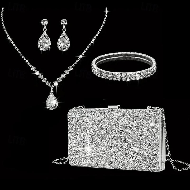 Women's Rhinestone Jewelry and Clutch Set for Weddings and Evening Parties, Sparkling Necklace, Earrings, Bracelet & Glitter Purse