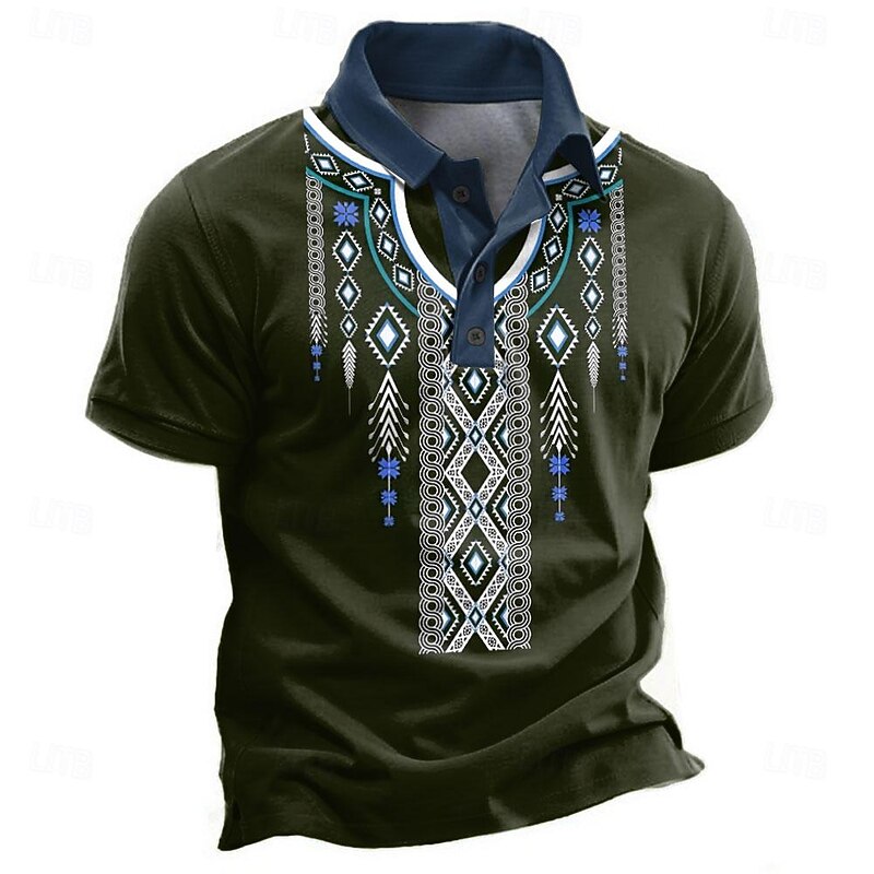 Men's Tribal Polo Shirts Golf Shirt Short Sleeve Polo Shirts Collared Shirts Vacation Wear Party Outfits 3D Print Buttons Summer Spring Blue Green4