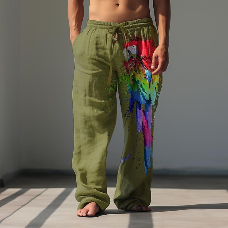 Men's Animal Bird Linen Pants Baggy Pants Mid Waist Hawaiian Casual Outdoor Streetwear Elastic Waist Spring &  Fall Fall & Winter Black White Army Green3