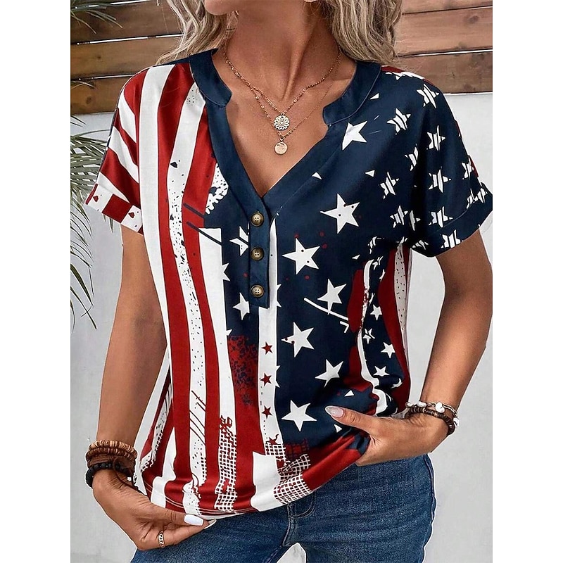 Women's Patriotic  T Shirt American Flag Stylish Red White And Blue Short Sleeve V Neck Regular Tops Daily Buttons Print Blue Summer3