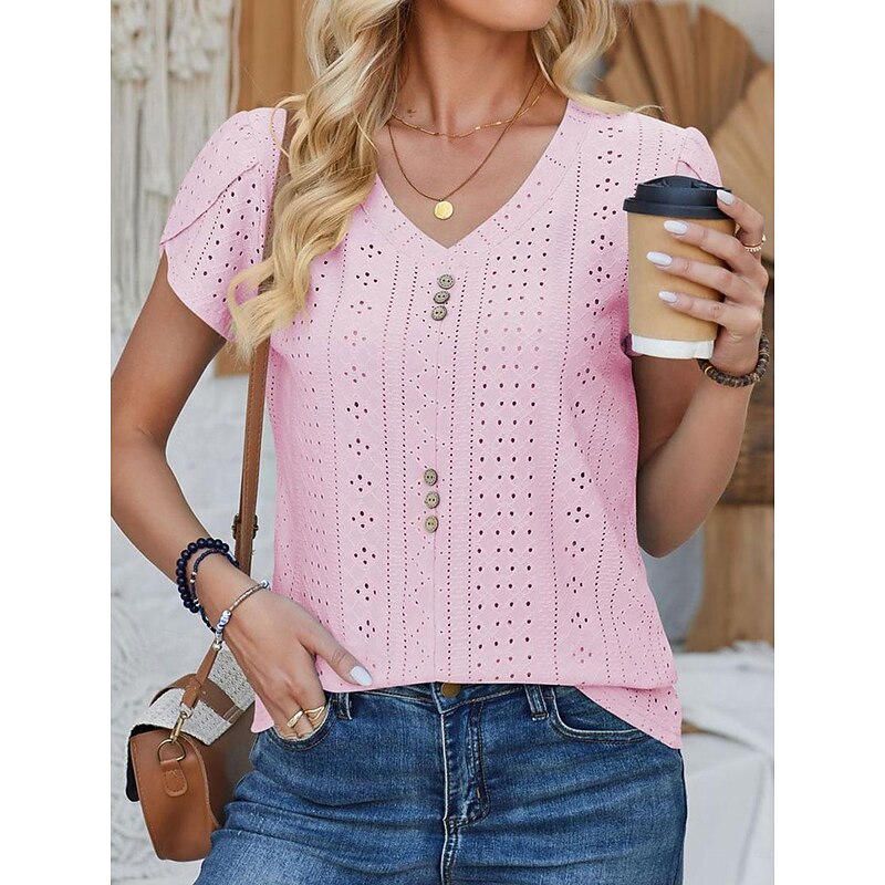 Women's Elegant Lace Tops Eyelet Blouse Daily Stylish Plain Regular Tops Short Sleeve V Neck Lace Buttons Regular Fit Vacation Daily Romantic Petite Tops Summer Holiday Wear Sage Green White Pink Blue3