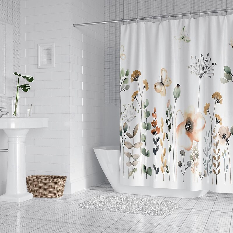 Shower Curtain with Hooks 180cm*180cm(70"*70") Polyester Washable Waterproof Pattern Bathroom Bathtub Decor Vintage Butterfly Flowers3