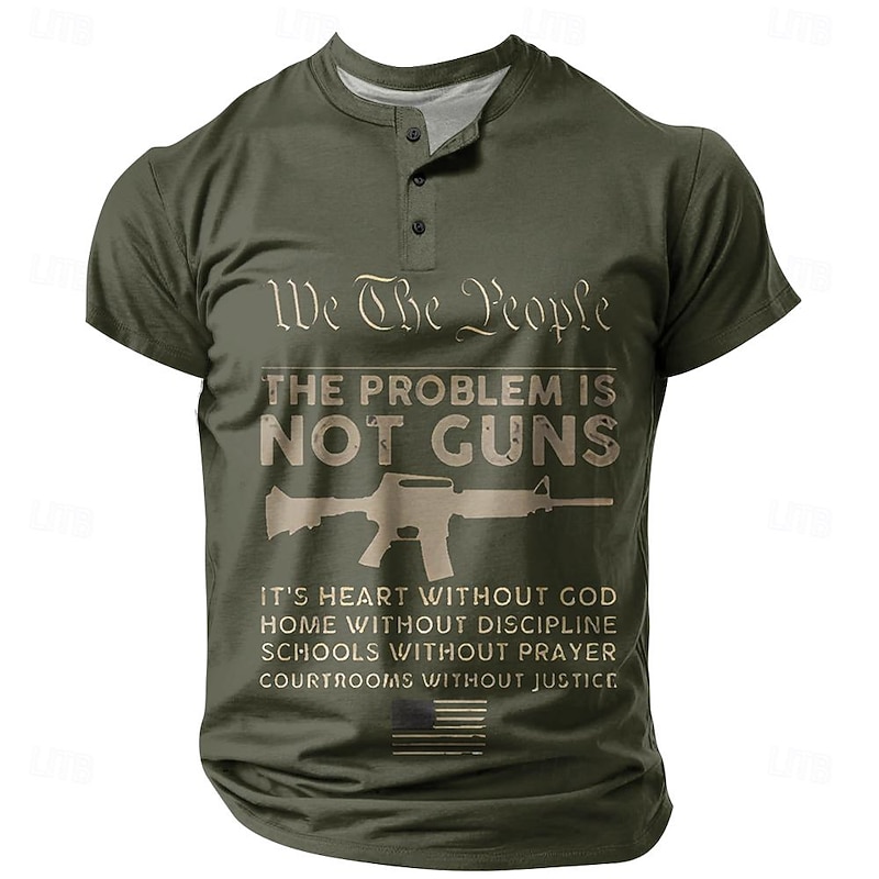 Mens Patriotic Short Sleeve Henley Tee with 'We The People Not Guns' Graphic2