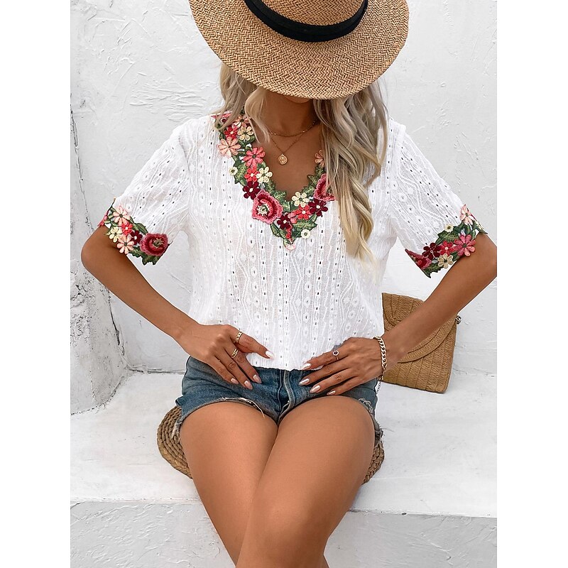 Women's White Elegant Lace Tops Eyelet Blouse Floral Embroidery V-Neck Half Sleeve White Summer Casual Outdoor Everyday Wear Romantic Petite Tops Summer Holiday Wear2