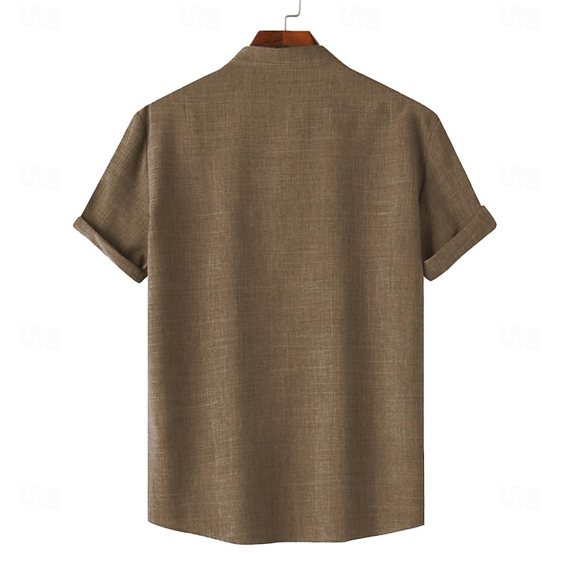 Men's Shirt Button Up Shirt Short Sleeve Vintage Casual Tribal Vacation Daily Summer Spring Band Collar grandad collar Print Dark Green Green Khaki2