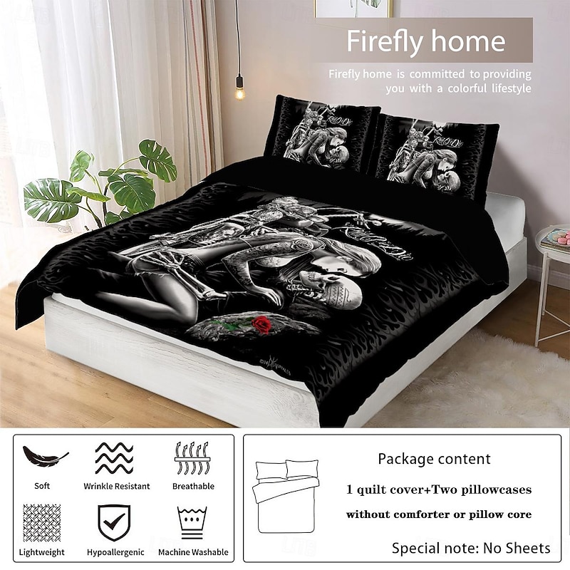 100% Cotton Floral Skull Knight 3 Piece Quilt Cover Set Human Skeleton Couple Printed Bedding Set 3 Piece Suitable for Couples and Adults Gothic Quilt Cover Set Super Soft Breathable Short Fluff Bedding Set Light3