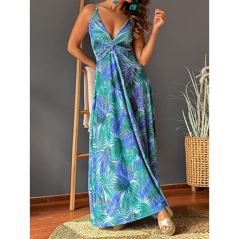 Women's Casual Dress Swing Dress Slip Dress Floral Leaf Backless Print Strap Long Dress Maxi Dress Hawaiian Casual Daily Vacation Sleeveless Summer