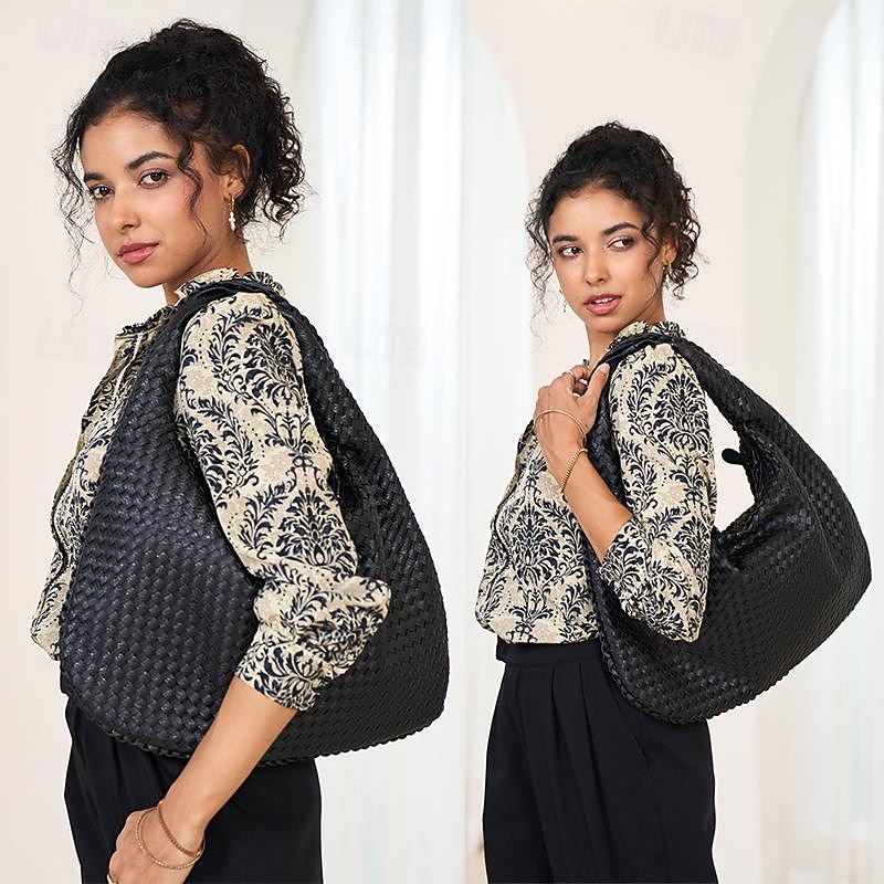 Women's Handbag Shoulder Bag Vegan leather Large Capacity Woven Dark Grey Wine Dark Brown4