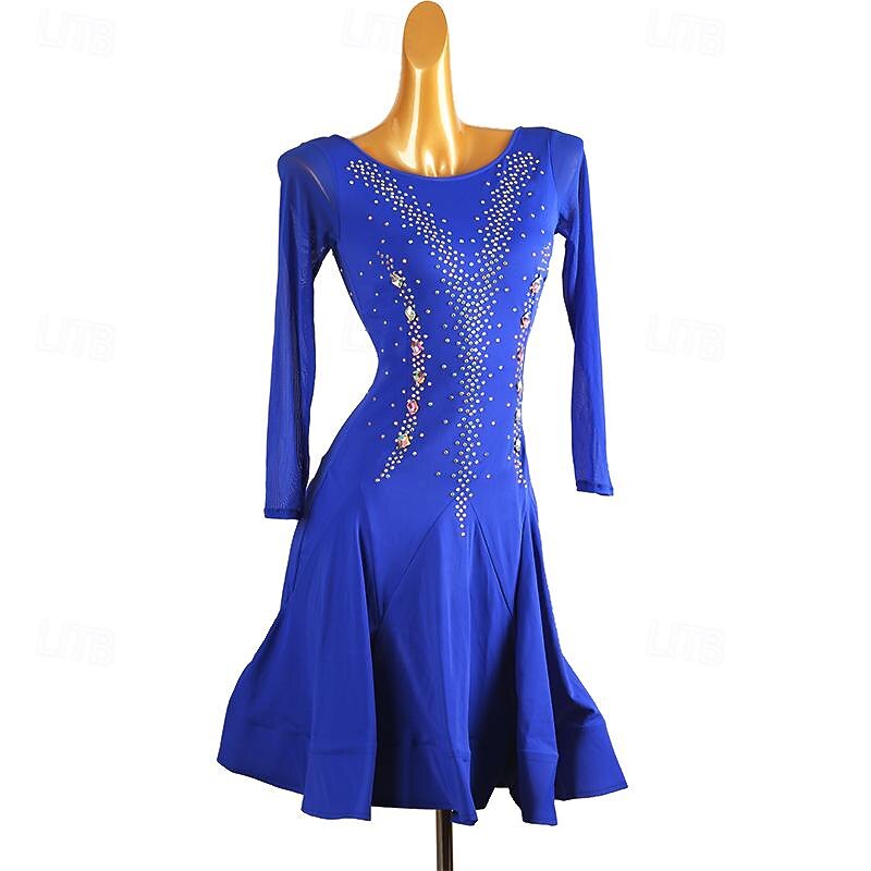 Latin Dance Dress Pure Color Splicing Crystals / Rhinestones Women's Performance Training Long Sleeve Chinlon Mesh3