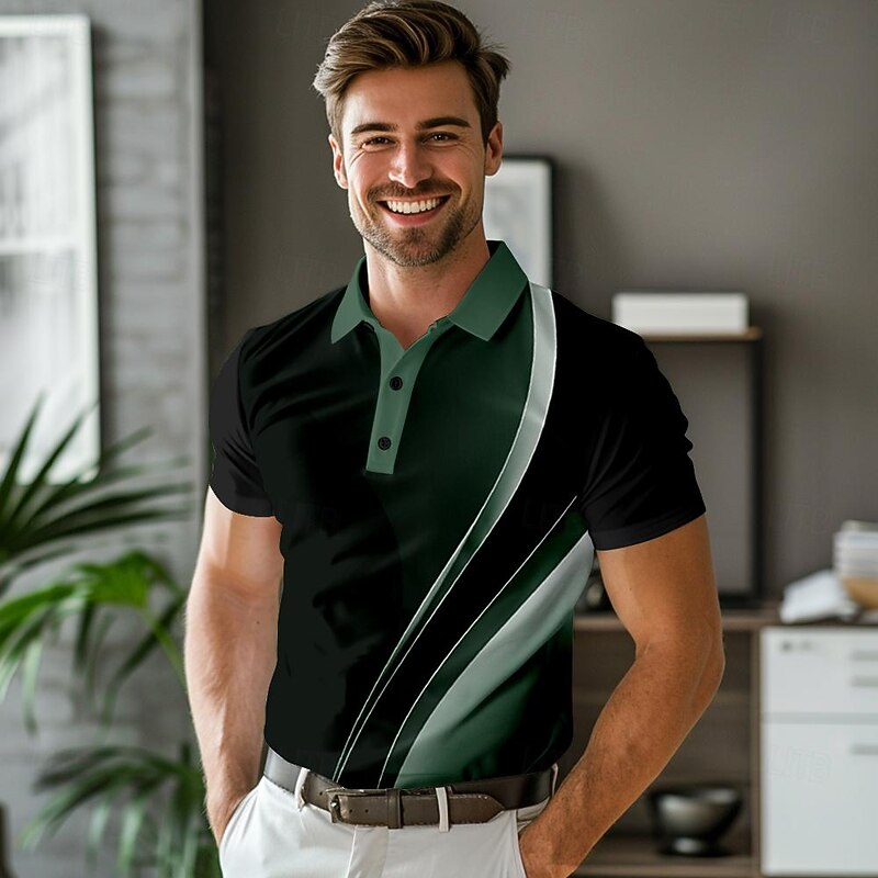 Men's Striped Polo Shirts Golf Shirt Short Sleeve Polo Shirts Collared Shirts Business Casual WorkWear Formal Wear Festival Wear Buttons 3D Print Spring & Summer Green Gray2