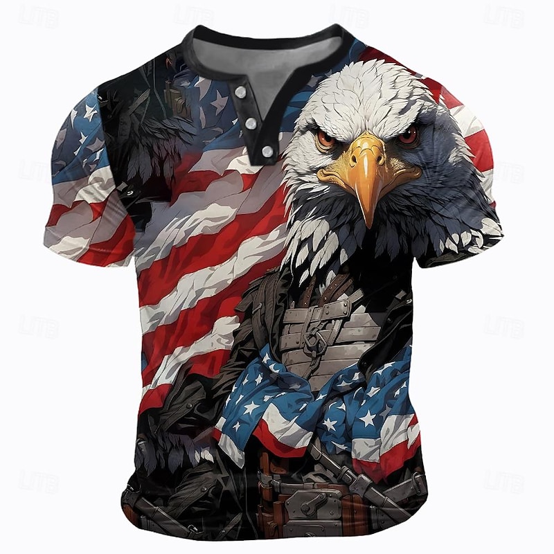 Graphic Star American US Flag Eagle Designer Retro Vintage Men's 3D Print T shirt Tee Henley Shirt Street Casual Daily American Independence Day Rainbow Short Sleeve Henley Summer Spring S-3XL - Main Image