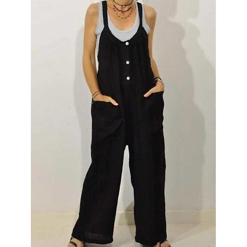 Women's Normal Overall Dungarees Streetwear Solid Color Sleeveless V Neck Buttons Pocket Street Daily Regular Fit Black Khaki Summer4