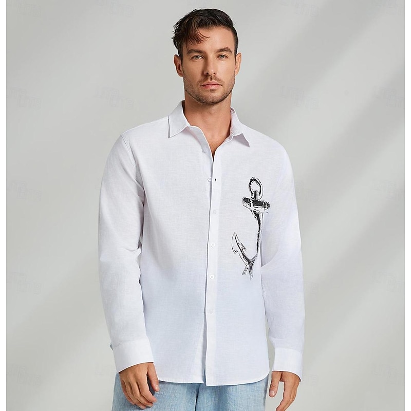 Men's Shirt Graphic Hawaiian Fashion Casual  Linen Shirt Button Up Shirt Long Sleeve Daily Hawaiian Vacation Spring &  Fall Lapel Print White 55%Flax 45%cotton3