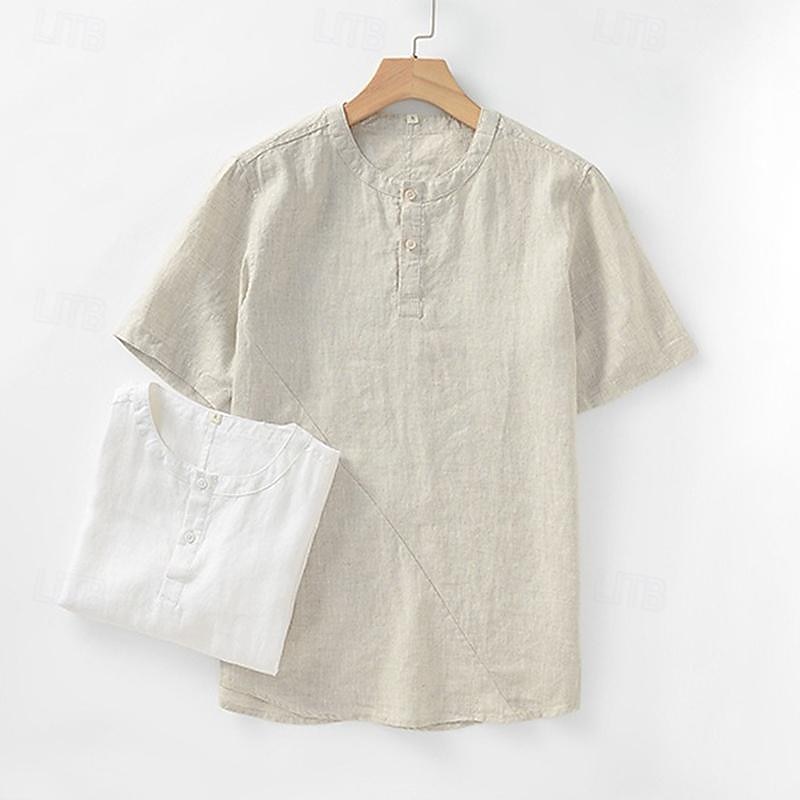 Men's Shirt White Cotton Shirt Casual Shirt Cotton Linen Shirt Plain Vacation Street White Beige Short Sleeve Crew Neck Summer Clothing Apparel Button-Down