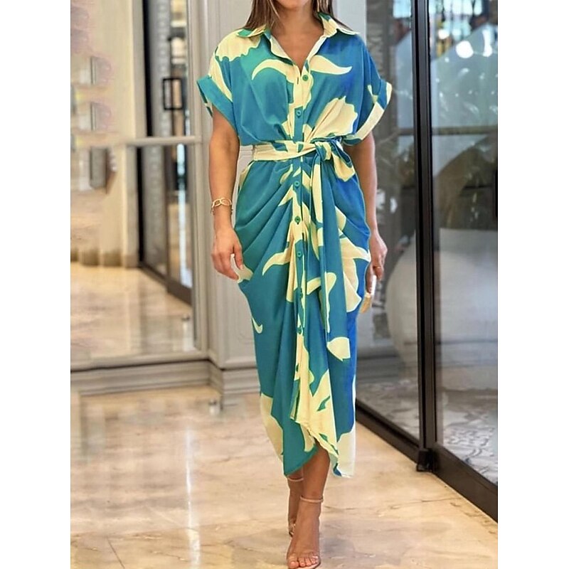 Women's T Shirt Dress Summer Dress Print Dress Floral Leaf Ruched Button Shirt Collar Long Dress Maxi Dress Elegant Fashion Work Daily Short Sleeve Regular Fit Yellow Pink Red Summer Spring S M L XL