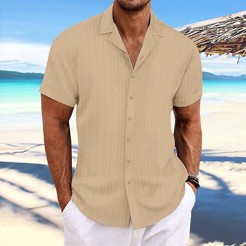 Men's Shirt Summer Shirt Beach Wear Button Up Shirt Casual Shirt Black White Navy Blue Blue khaki Short Sleeve Stripes Lapel Daily Vacation Clothing Apparel Fashion Casual Comfortable2