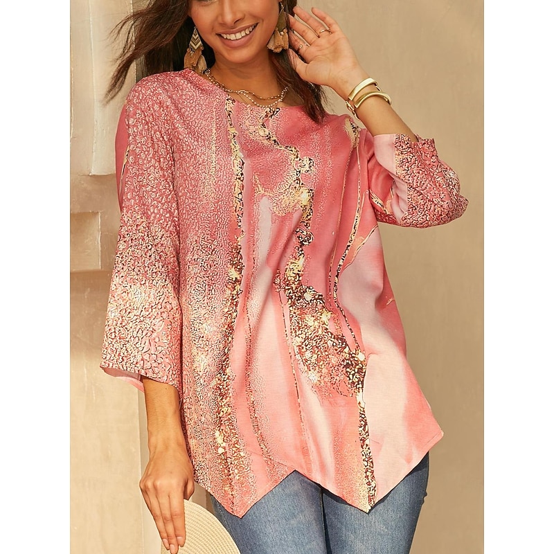 Women's Blouse Long Sleeve Asymmetrical Hem Chiffon Daily Basic Neon & Bright Abstract Print Long Tops Round Neck Casual Light Green Pink Blue Green Beige Fall & Winter