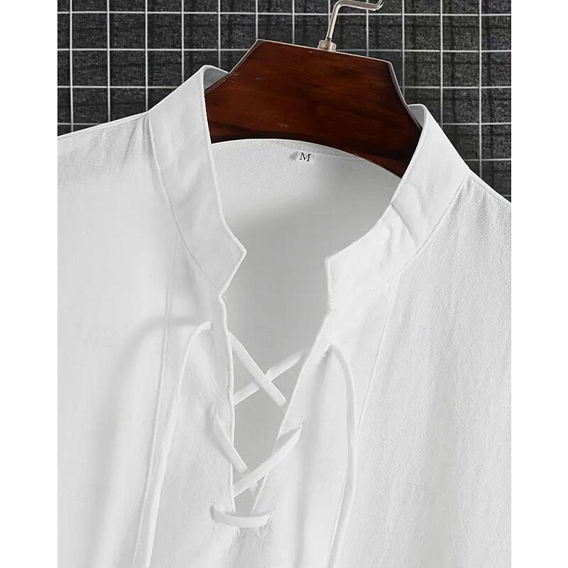 Men's Shirt Casual Shirt Cotton Shirt Plain Hawaiian Holiday Black White Khaki Long Sleeve Band Collar Spring &  Fall Clothing Apparel Lace up3