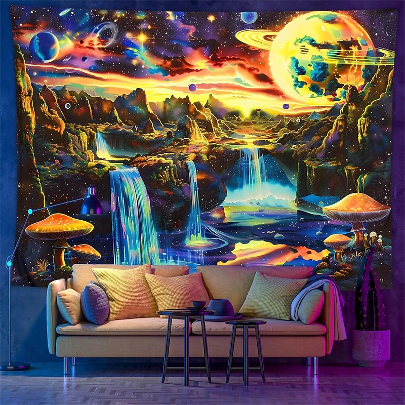 Blacklight Tapestry UV Reactive Glow in the Dark Glow Party Neon Galaxy Universe Mushrooms Psychedelic Trippy Misty Hanging Tapestry Wall Art Mural for Living 8