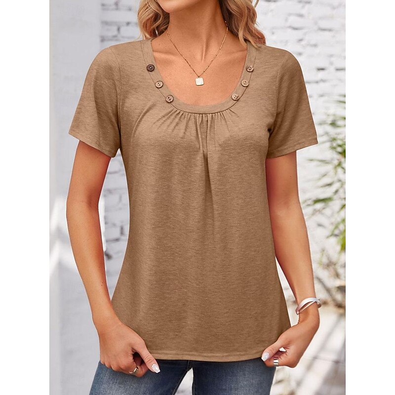 Women's Tunic Plain Stylish Short Sleeve Crew Neck Regular Tops Daily Buttons White Pink Khaki Gray Summer Spring Fall4