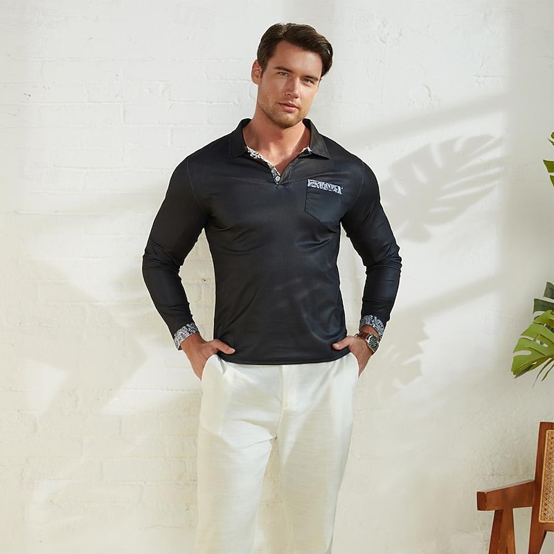 Men's Cable Knit Polo Golf Polos Shirts Long Sleeve Polo Shirts Turndown Vintage Casual Daily 3D Print Fall & Winter Black White Navy Blue4