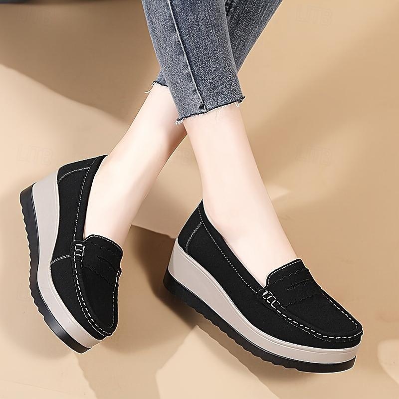 Women's Solid Color Casual Sneakers Slip On Soft Sole Platform Daily Shoes Versatile Shallow Mouth Loafers4