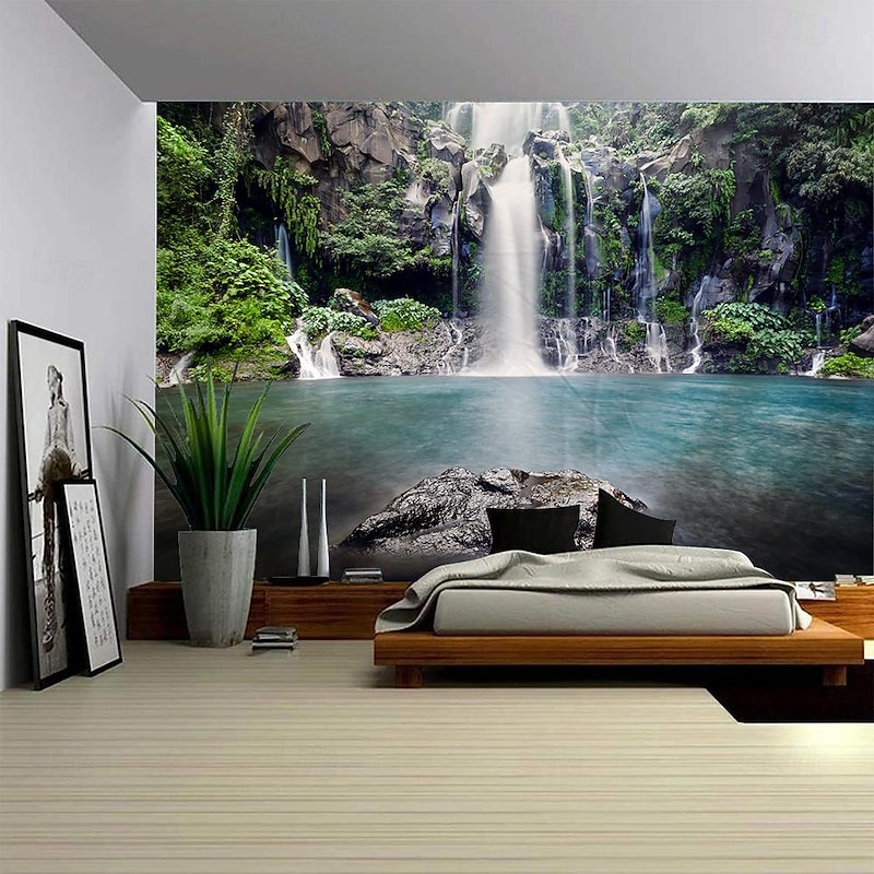 Waterfall River Hanging Tapestry Wall Art Large Tapestry Mural Decor Photograph Backdrop Blanket Curtain Home Bedroom Living Room Decoration