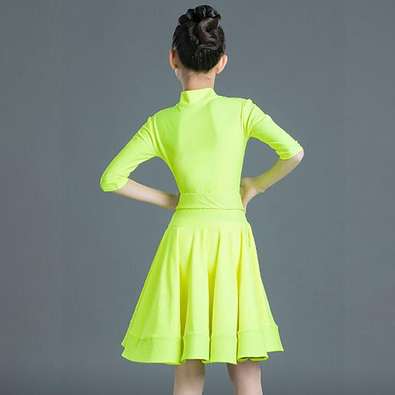 Latin Dance Kids' Dancewear Dress Pure Color Splicing Girls' Performance Training Half Sleeve High Polyester4