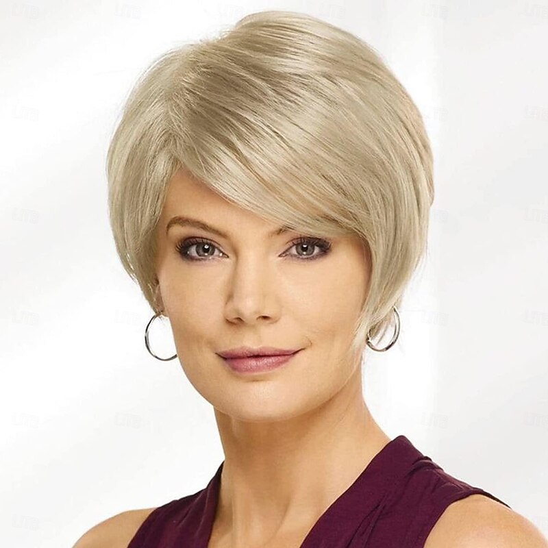 Short Blonde Wigs Pixie Cut Wigs with Bangs Synthetic Hair Wigs for White Women Old Lady Mommy Wig Short Hair Styles