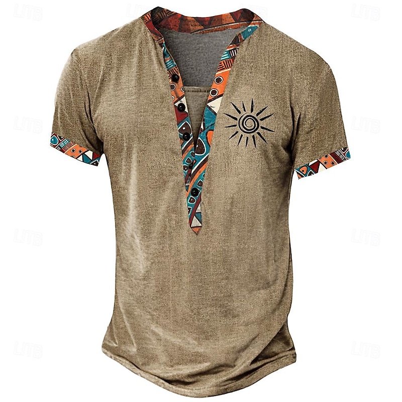 Men's Tribal Bandana Print T Shirt Henley Shirt Short Sleeve 3D Print Designer Ethnic Casual Daily Summer Spring Yellow Brown Green Standing Collar Henley T-Shirt
