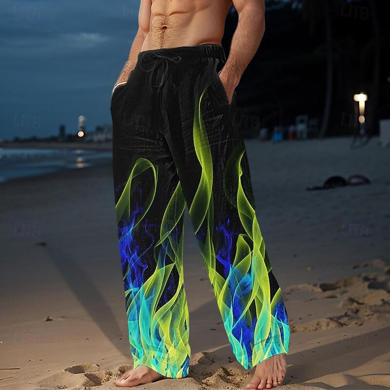 Men's Pants Trousers Mid Waist Drawstring Elastic Waist Hawaiian Holiday Beaches Straight Leg Trousers Summer Spring Fall 3D Print Black Yellow Red4