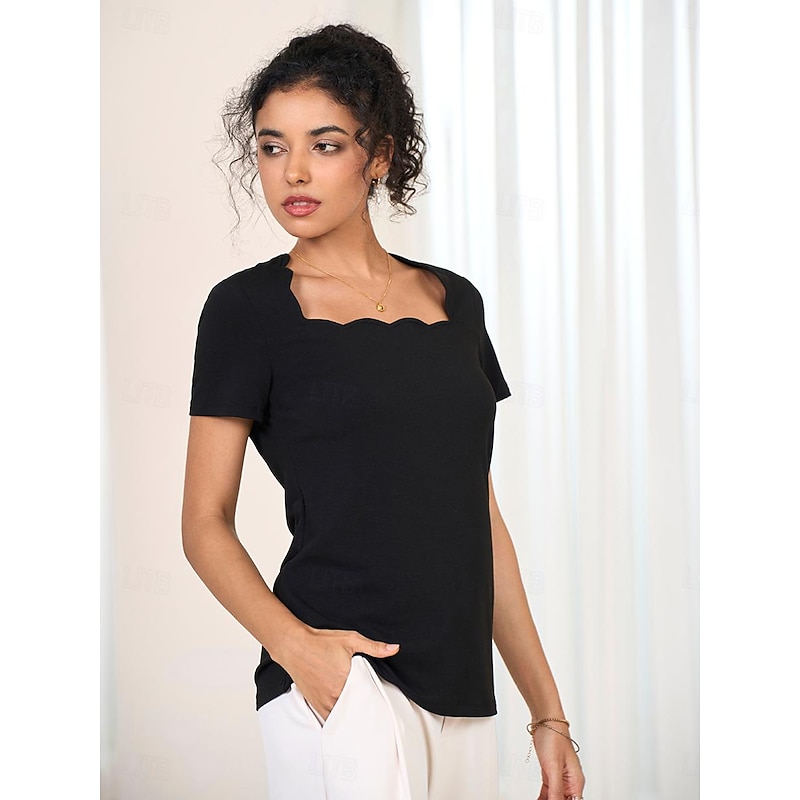 Women's Scalloped Neckline T-shirt Short Sleeve Solid Color Slim Fit Stretch Casual Fashion Top Black4