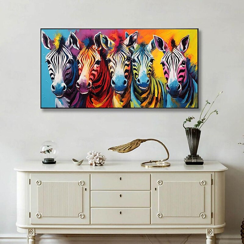 Handmade Oil Painting Canvas Wall Art Decoration Modern Cute Cartoon Animal Colorful Zebra for Children's Room Home Decor Rolled Frameless Unstretched Painting