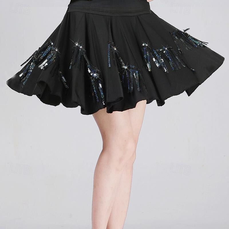 Latin Dance Ballroom Dance Skirts Pure Color Splicing Paillette Women's Performance Training High Polyester4