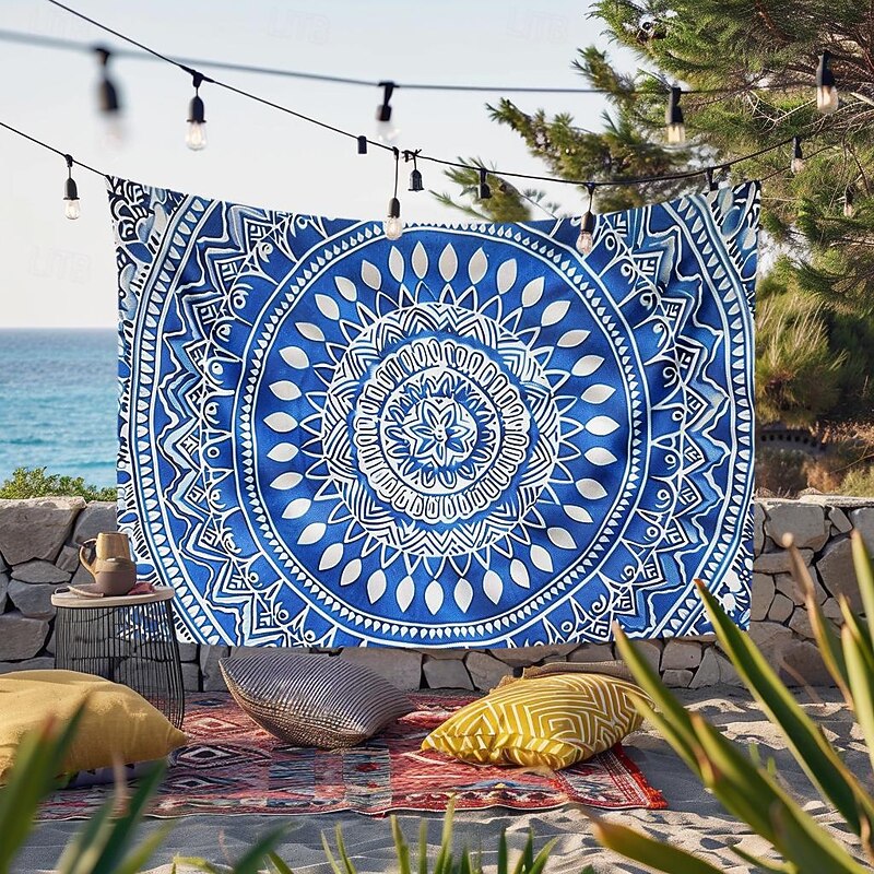Mandala Bohemian Blue Green Hanging Tapestry Wall Art Large Tapestry Mural Decor Photograph Backdrop Blanket Curtain Home Bedroom Living Room Decoration2