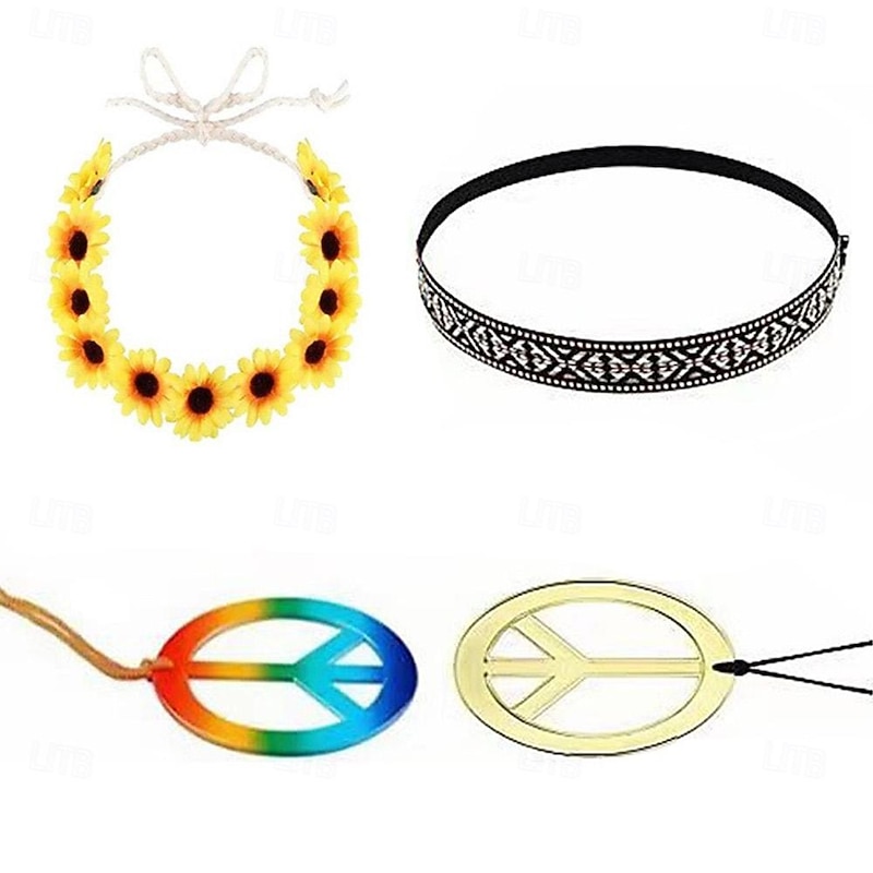 Retro Vintage 1960s Hippie Cosplay Costume Necklace Headband Hippie Disco Fancy Dress Women's Girls' Halloween Carnival Masquerade Party / Evening Casual Daily Pride Parade Adults' Earrings Necklace3