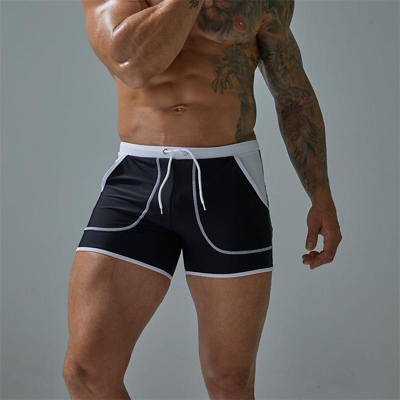 Men's Board Shorts Swim Shorts Swim Trunks Patchwork Drawstring Elastic Waist Color Block Comfort Quick Dry Short Holiday Beach Weekend Fashion Casual Lake blue Black Micro-elastic3