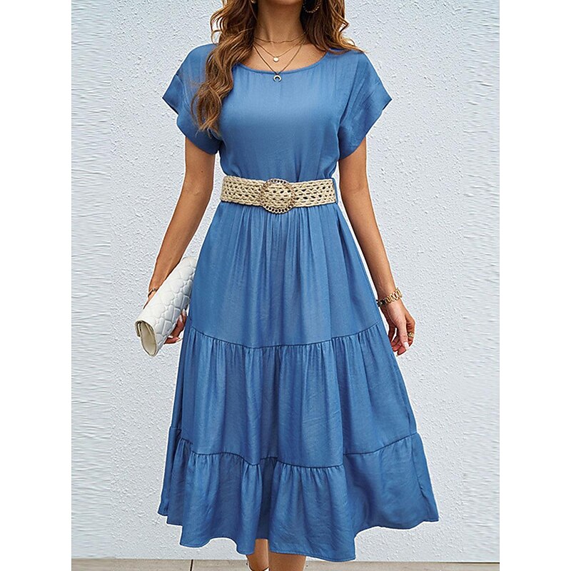 Women's Casual Dress Midi Dress Imitation Denim Ruched Casual Crew Neck Short Sleeve Blue Color Without Belt