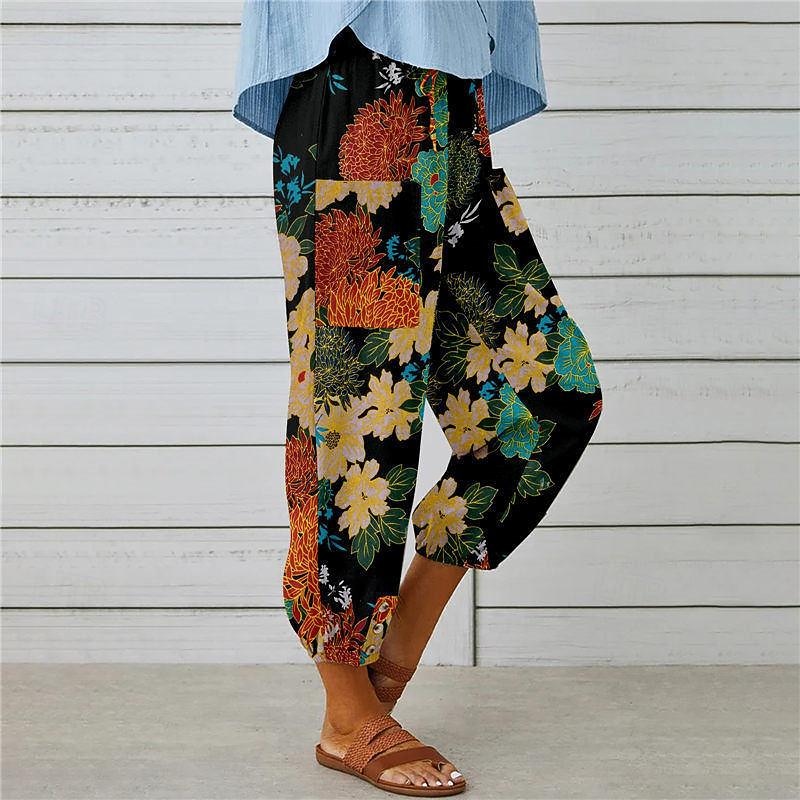 Women's Cotton Linen Pants Pants Trousers Casual Daily Ankle-Length Floral Graphic Drawstring Print Breathability Comfortable Inelastic Weekend Black Navy Blue Blue Orange Spring & Summer Regular Fit3