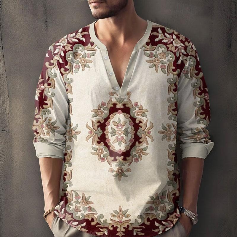 Men's Shirt Button Up Shirt Long Sleeve Fashion Casual Outdoor Daily Summer Spring Fall Stand Collar Print Khaki